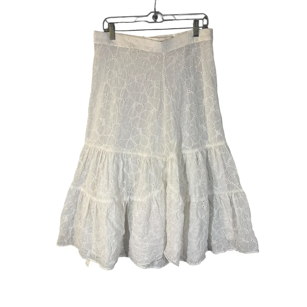 Vintage‎ White Eyelet Lace Wrap Midi Skirt Cottagecore Feminine Country Prairie
